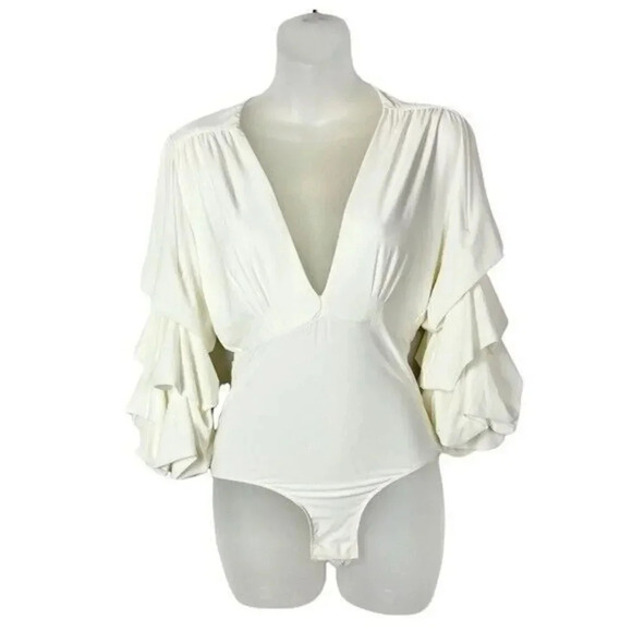 MISA Los Angeles X REVOLVE Plunging V-Neck Ruffle Long Sleeve Bodysuit S - Picture 1 of 9